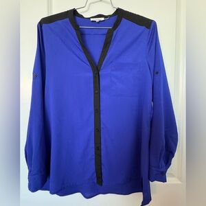 Calvin Klein Royal Blue Button-Front Blouse with Black Trim size M